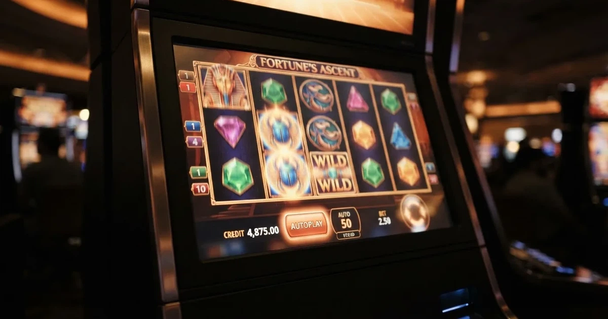 Nahaufnahme eines Spielautomaten-Bildschirms mit aktivierter Autoplay-Schaltfläche, ohne erkennbare Markenzeichen.