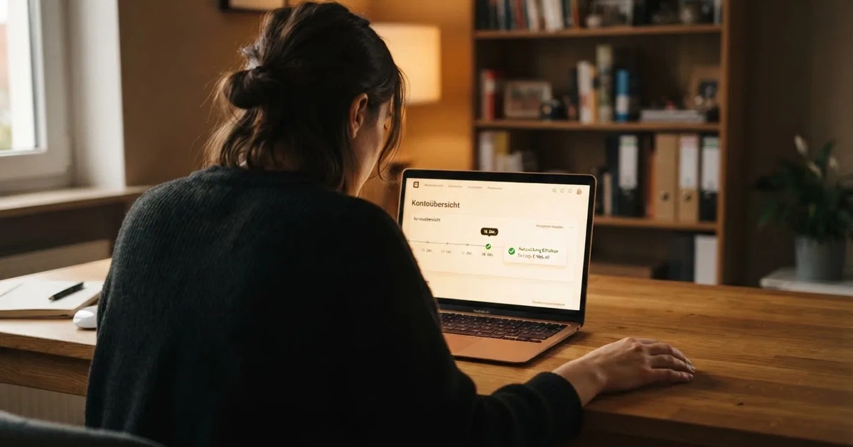 Person prüft am Laptop eine Kontoübersicht mit Auszahlungsstatus und Kalenderdatum.